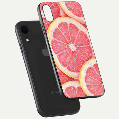 Glitter Grapefruit Glass Case for iPhone Xr floating dual-view mockup showing HD gloss and fresh color detail