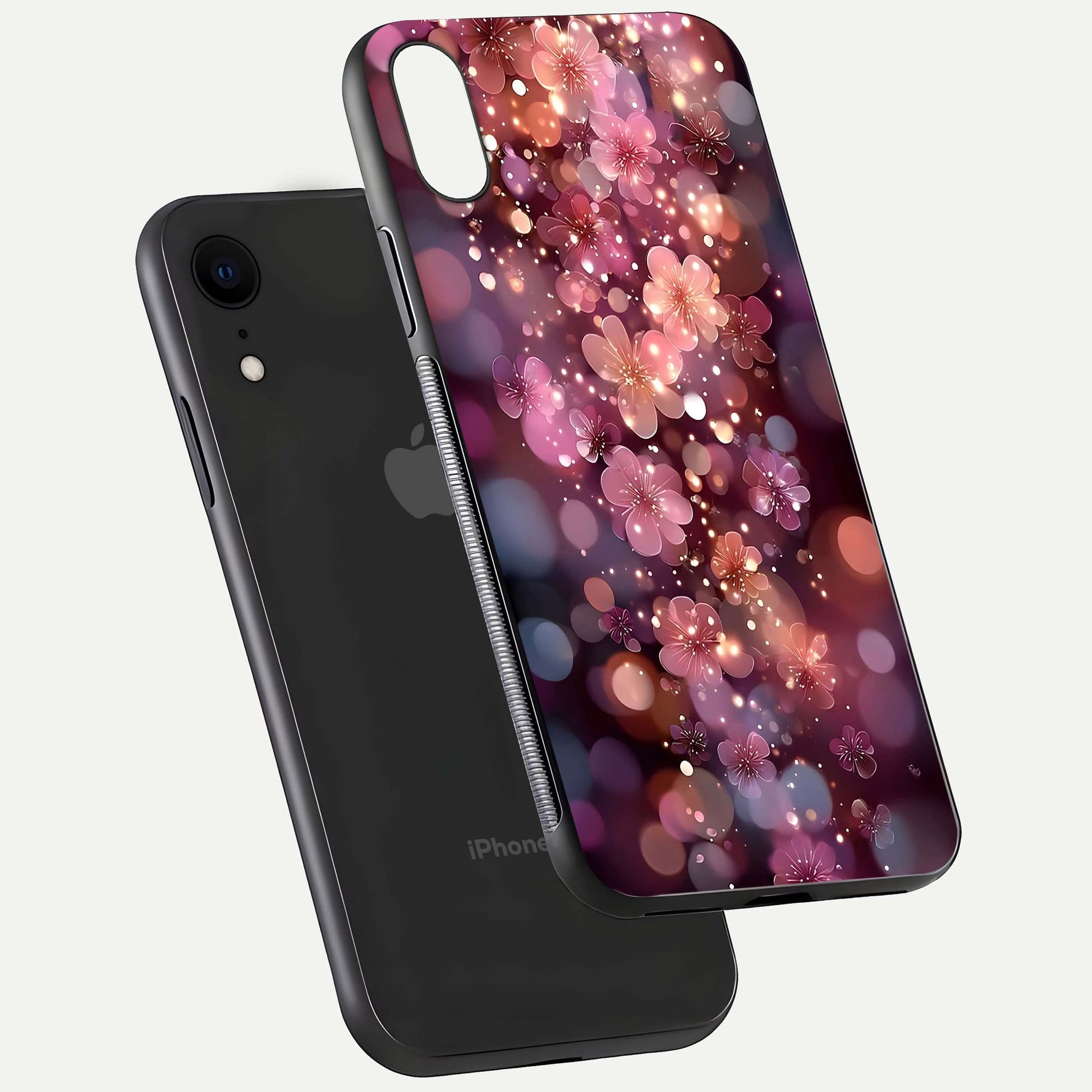 Glowing Petal Bliss Glass Case for iPhone Xr floating dual-view mockup showing gloss brightness and delicate tone