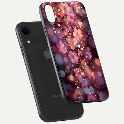 Glowing Petal Bliss Glass Case for iPhone Xr floating dual-view mockup showing gloss brightness and delicate tone