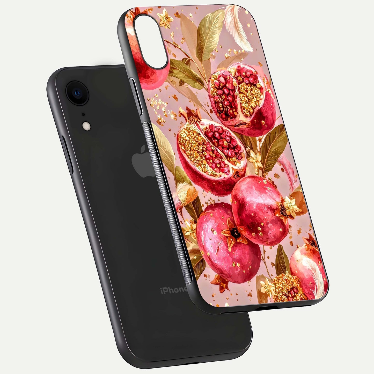 Golden Bloom Glow Glass Case for iPhone Xr floating dual-view mockup showing glossy shine and golden shimmer