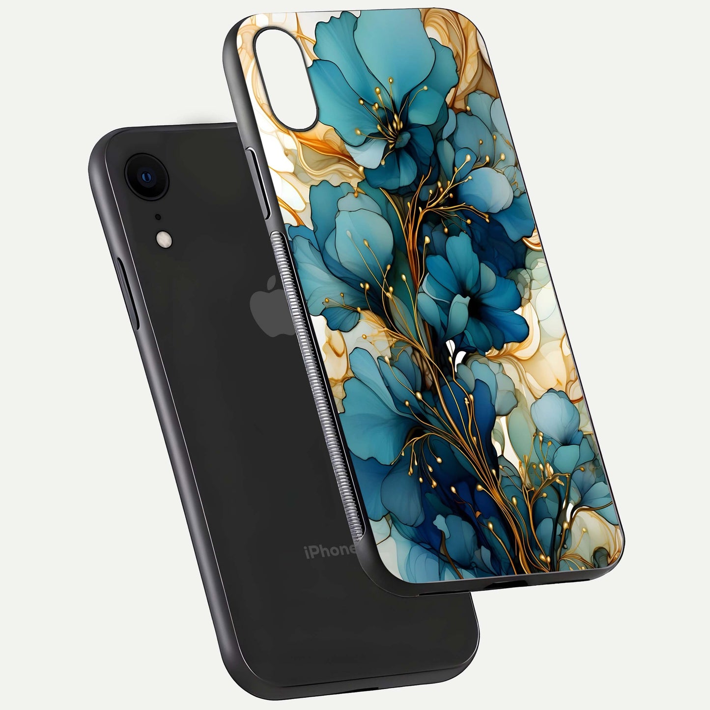 Golden Bloom Symphony Glass Case for iPhone Xr floating dual-view mockup displaying shine texture and luxury pattern