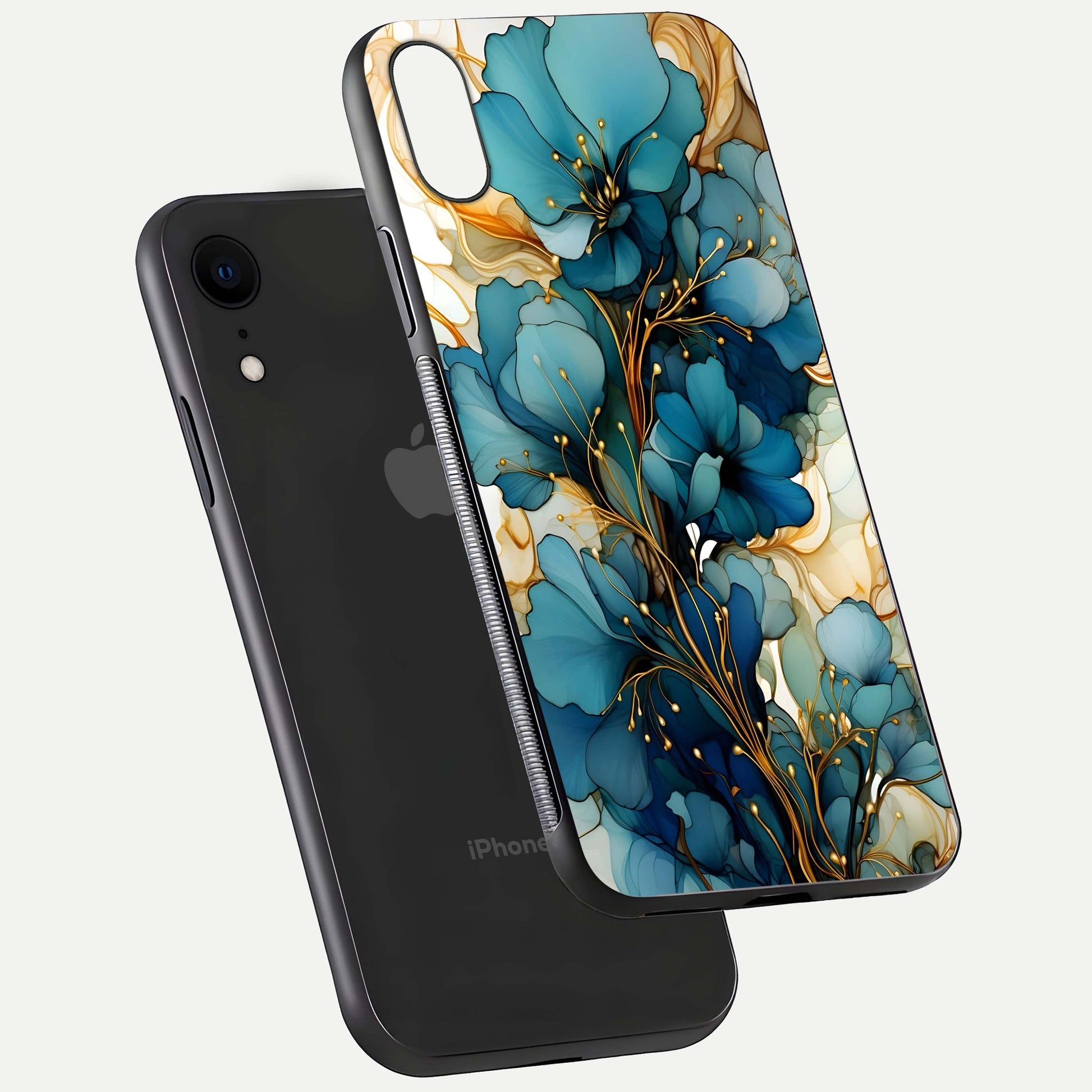 Golden Bloom Symphony Glass Case for iPhone Xr floating dual-view mockup displaying shine texture and luxury pattern