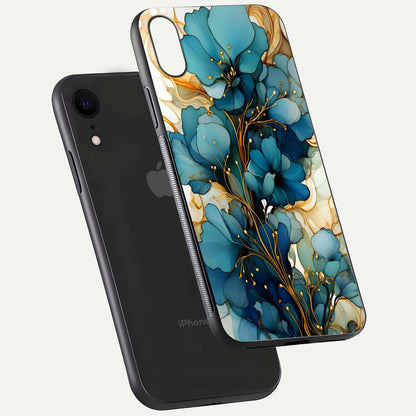Golden Bloom Symphony Glass Case for iPhone Xr floating dual-view mockup displaying shine texture and luxury pattern