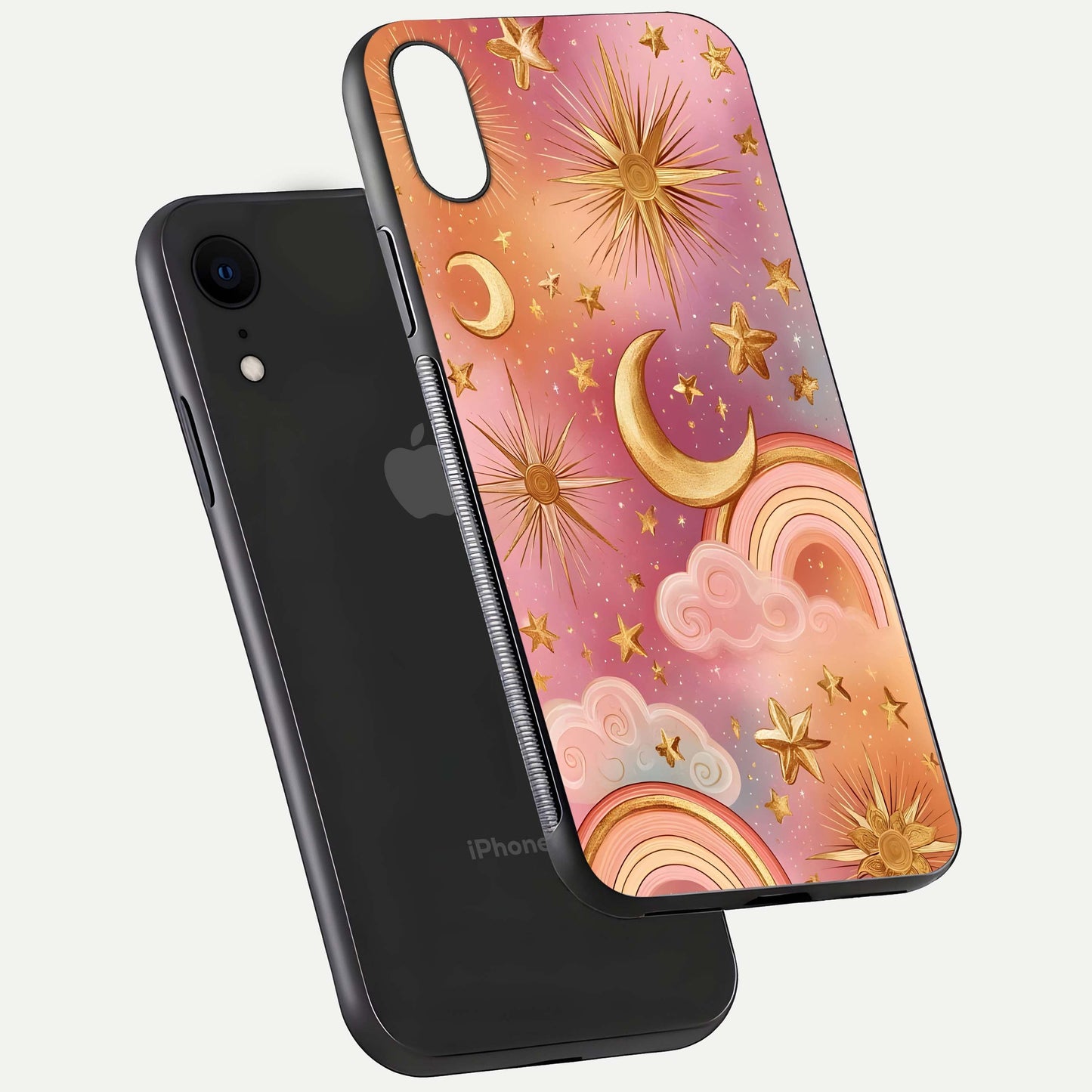 Golden Celestial Dreams Glass Case for iPhone Xr floating dual-view mockup showing gloss surface and dream-like glow