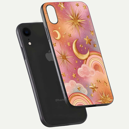 Golden Celestial Dreams Glass Case for iPhone Xr floating dual-view mockup showing gloss surface and dream-like glow