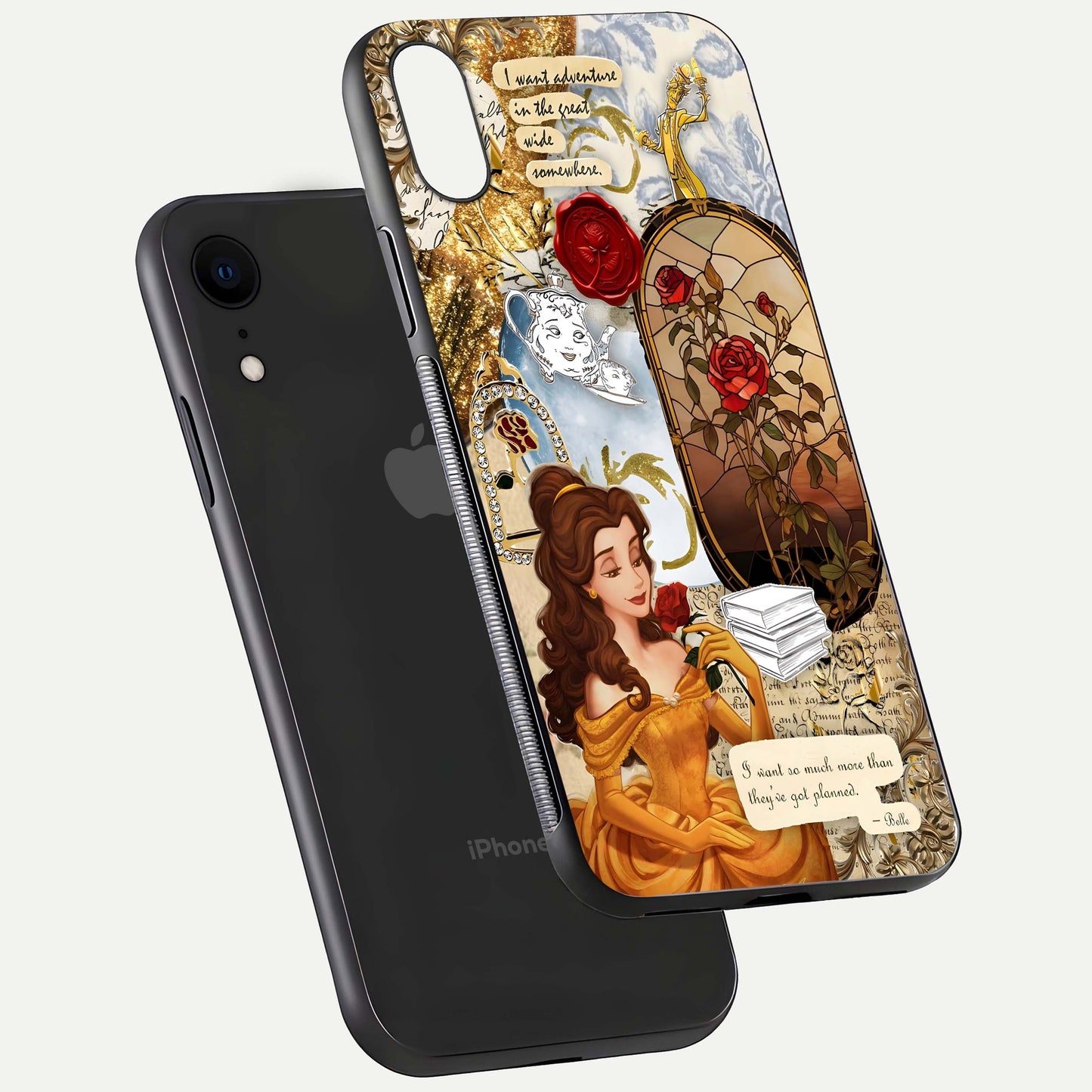 Golden Dream Belle Glass Case for iPhone Xr floating dual-view mockup highlighting gloss texture and elegant shimmer