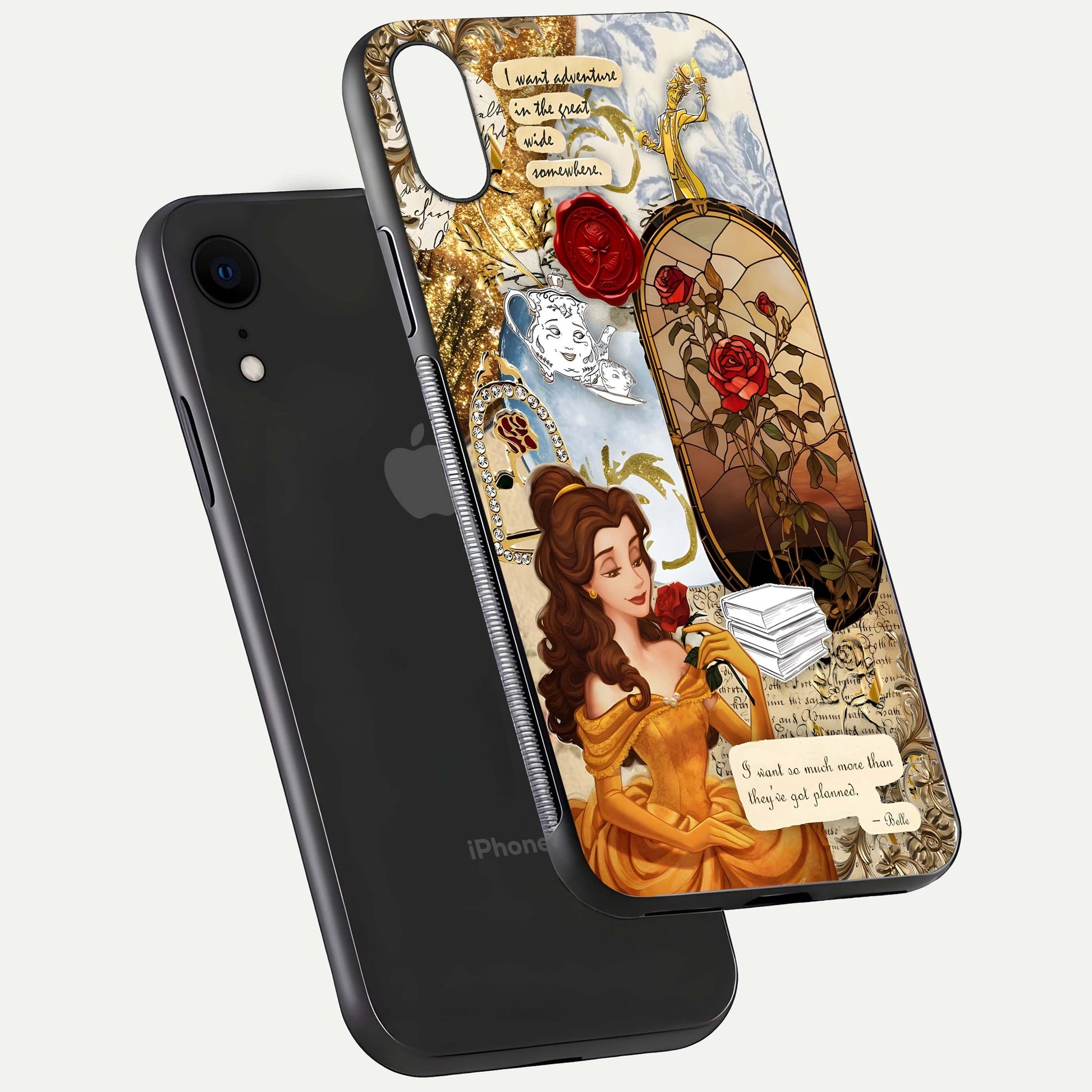 Golden Dream Belle Glass Case for iPhone Xr floating dual-view mockup highlighting gloss texture and elegant shimmer