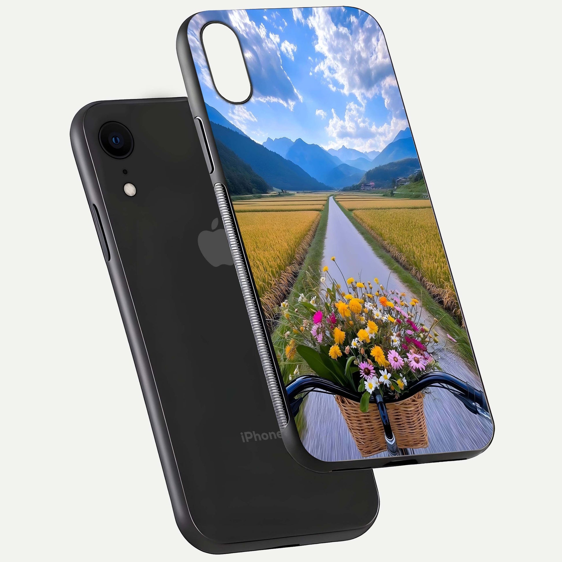 Golden Field Journey Glass Case for iPhone Xr floating dual-view mockup showing gloss surface and field depth