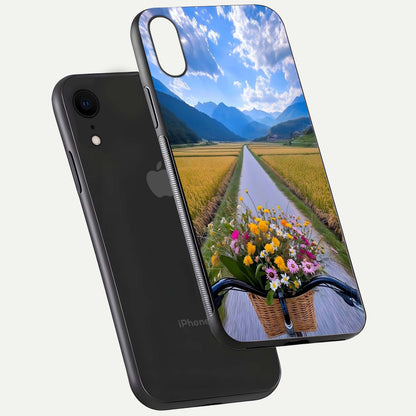 Golden Field Journey Glass Case for iPhone Xr floating dual-view mockup showing gloss surface and field depth