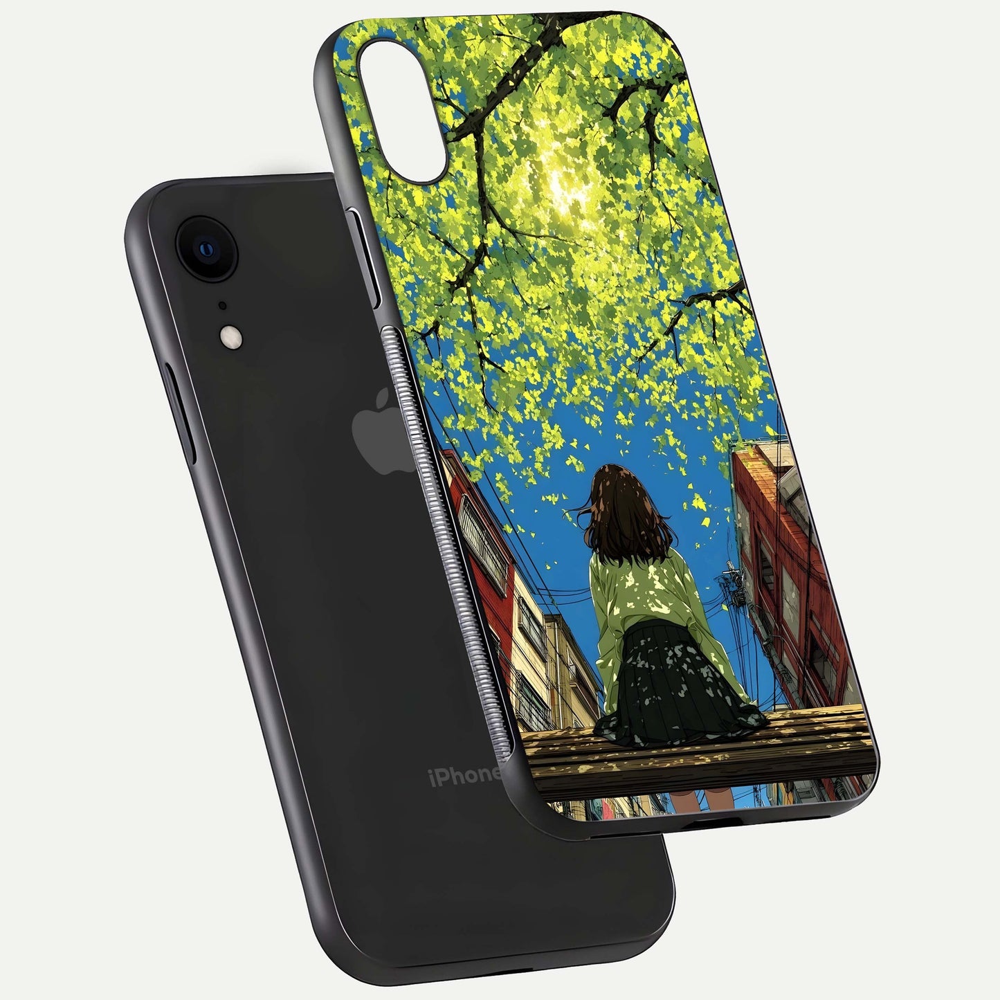 Golden Leaves Glow Glass Case for iPhone Xr floating dual-view mockup showing gloss depth and gold-leaf detail