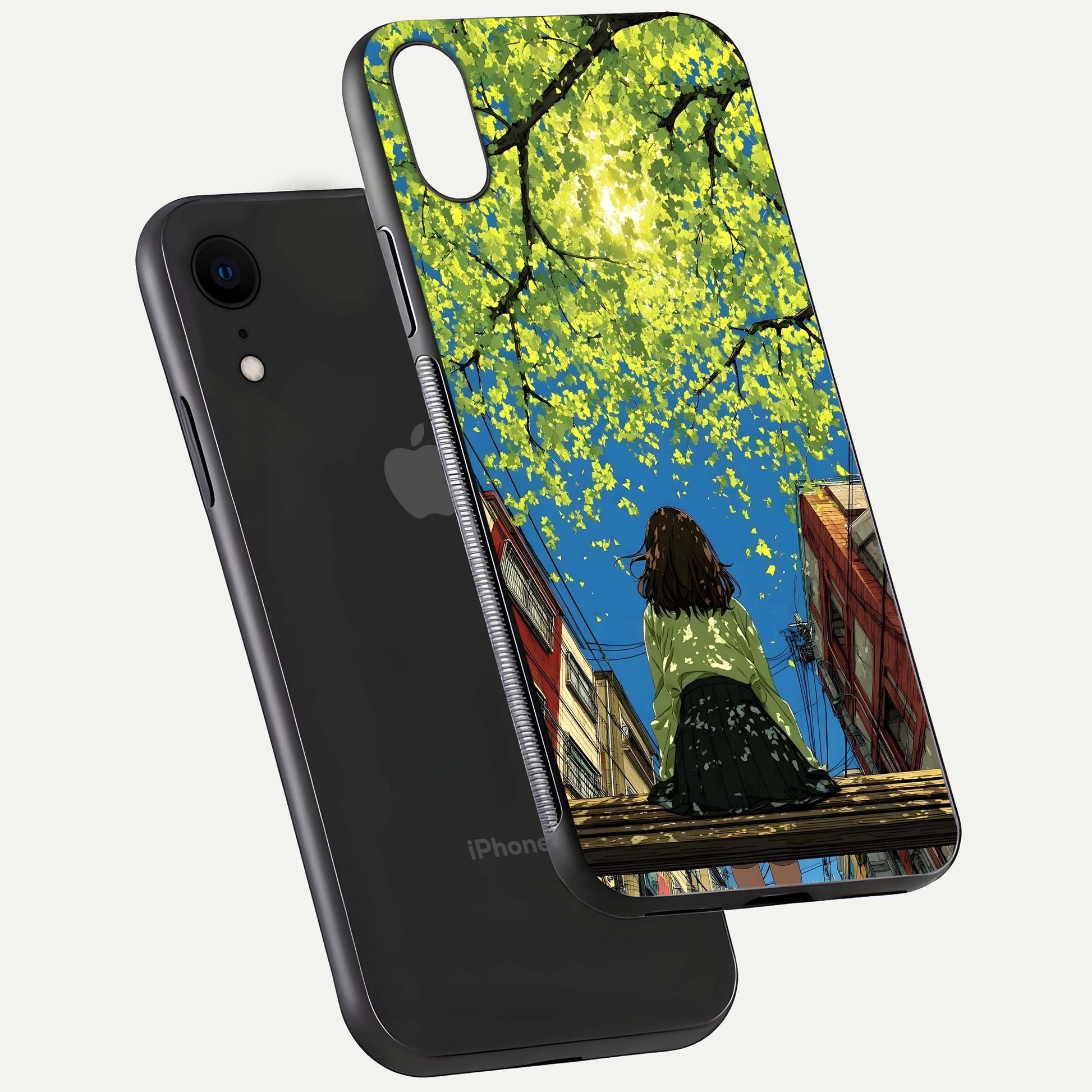 Golden Leaves Glow Glass Case for iPhone Xr floating dual-view mockup showing gloss depth and gold-leaf detail