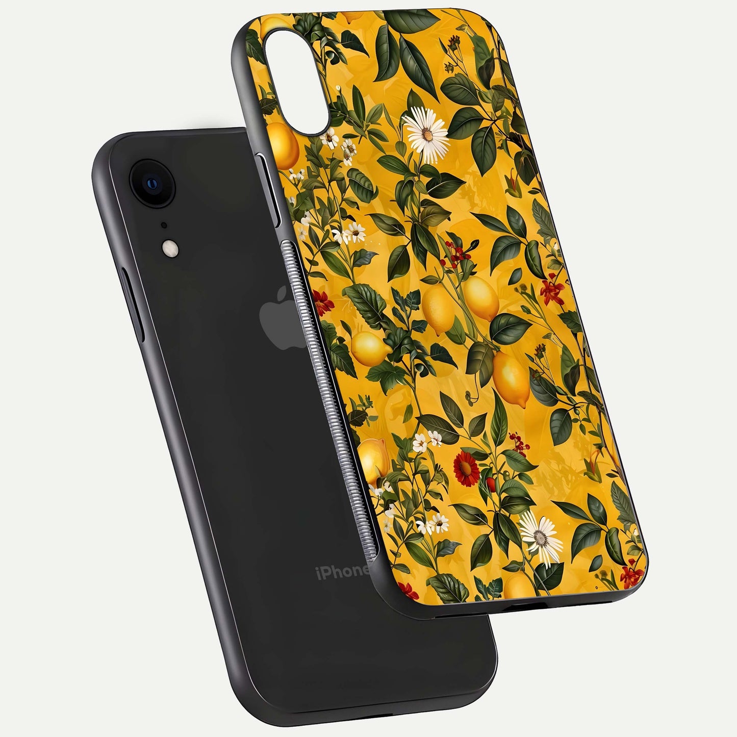 Golden Lemon Field Glass Case for iPhone Xr floating dual-view mockup showing gloss shine and yellow-gold palette