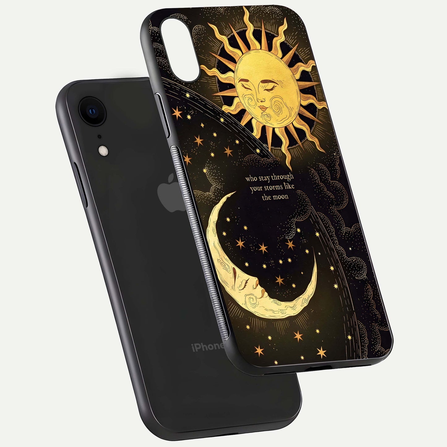 Golden Lunar Love Glass Case for iPhone Xr floating dual-view mockup showing glossy glow and romantic theme