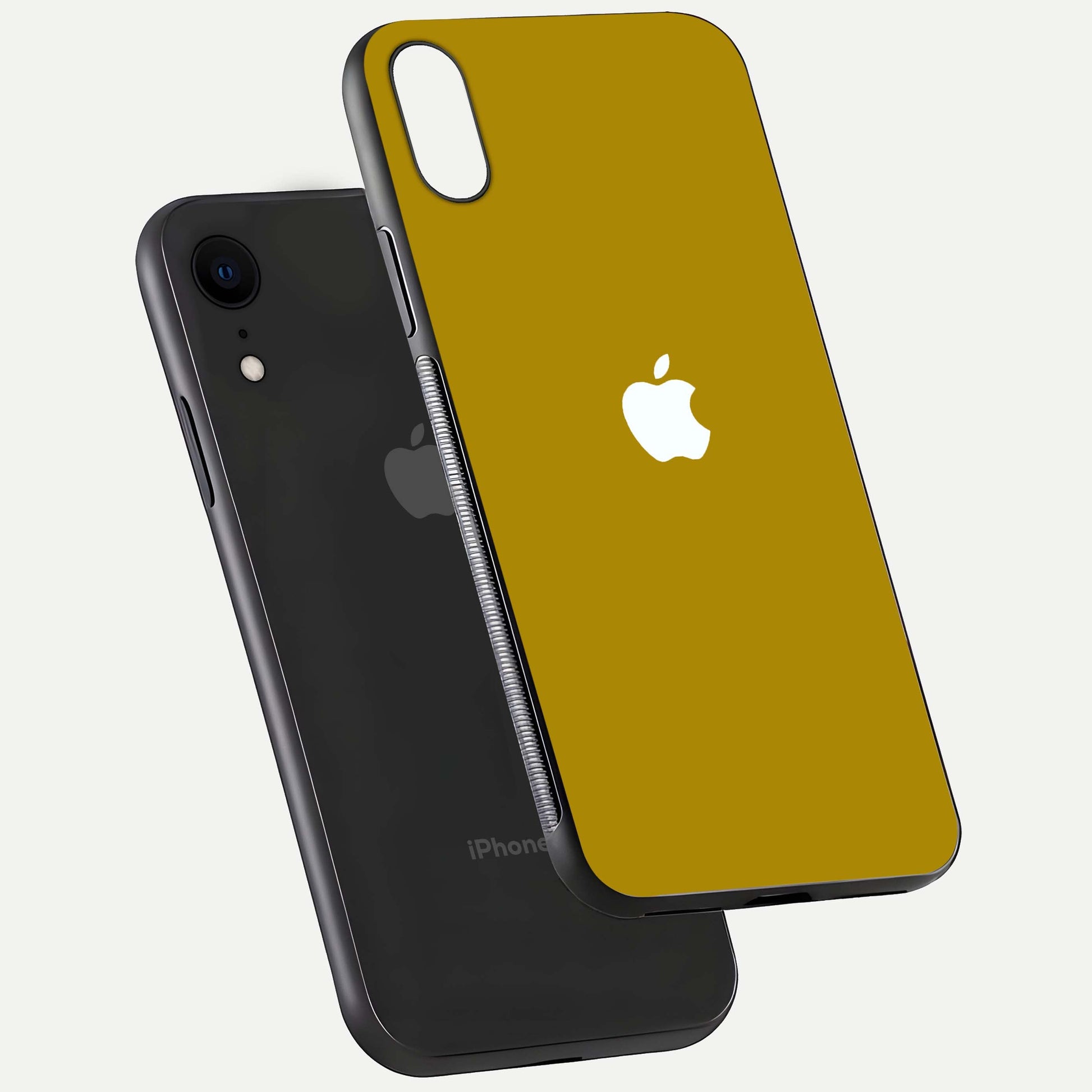 Golden Luxe Aura Glass Case for iPhone Xr floating dual-view mockup showing glossy texture and elegant gold gradient