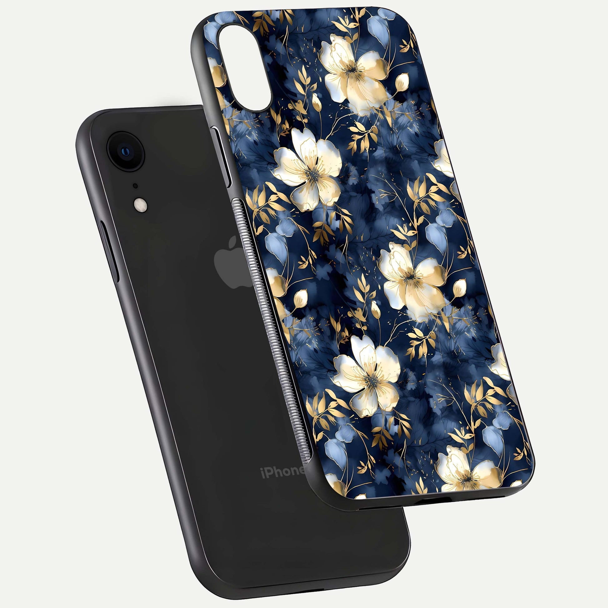 Golden Midnight Bloom Glass Case for iPhone Xr floating dual-view mockup showing gloss polish and metallic reflection