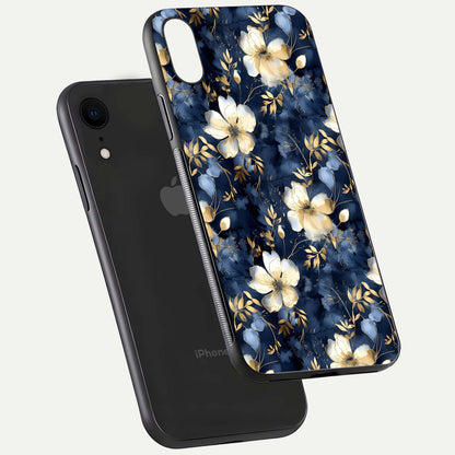 Golden Midnight Bloom Glass Case for iPhone Xr floating dual-view mockup showing gloss polish and metallic reflection