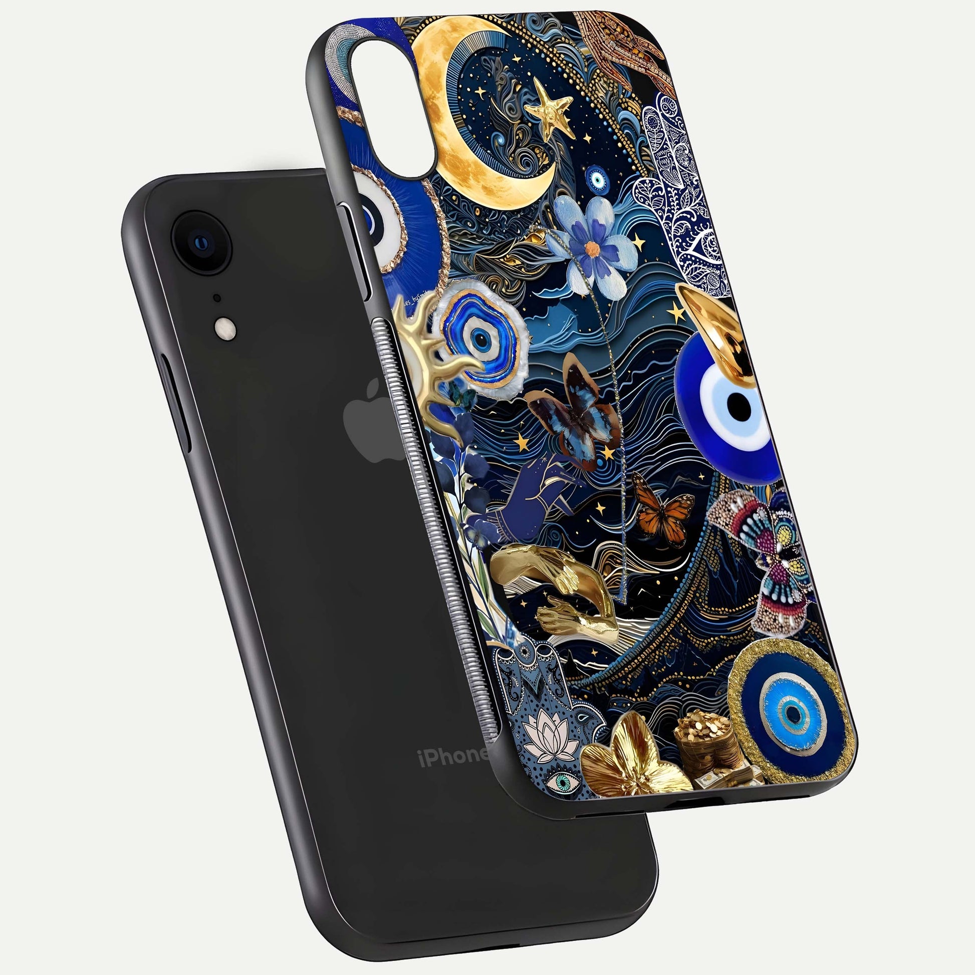 Golden Moon Magic Glass Case for iPhone Xr floating dual-view mockup showing gloss texture and golden illumination