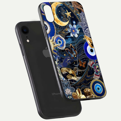 Golden Moon Magic Glass Case for iPhone Xr floating dual-view mockup showing gloss texture and golden illumination