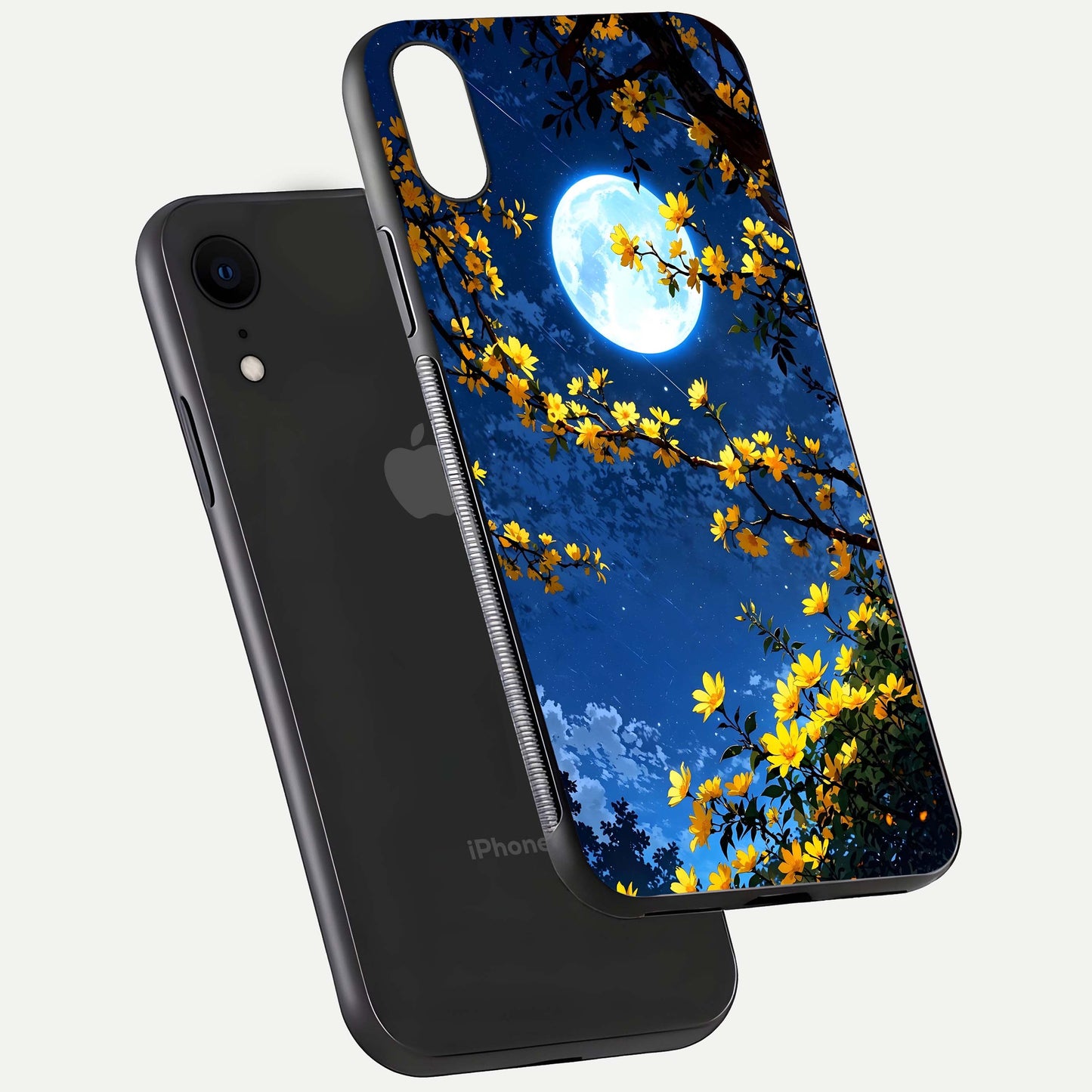 Golden Night Glow Glass Case for iPhone Xr floating dual-view mockup showing gloss polish and luxury shine
