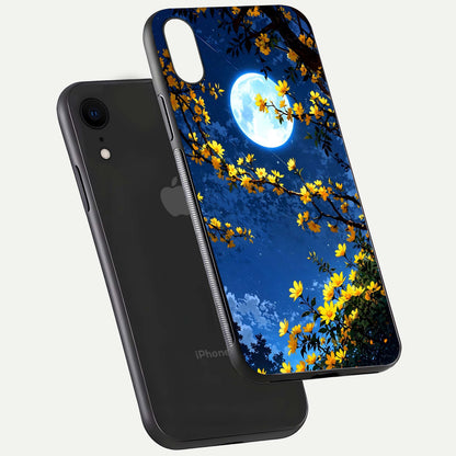 Golden Night Glow Glass Case for iPhone Xr floating dual-view mockup showing gloss polish and luxury shine