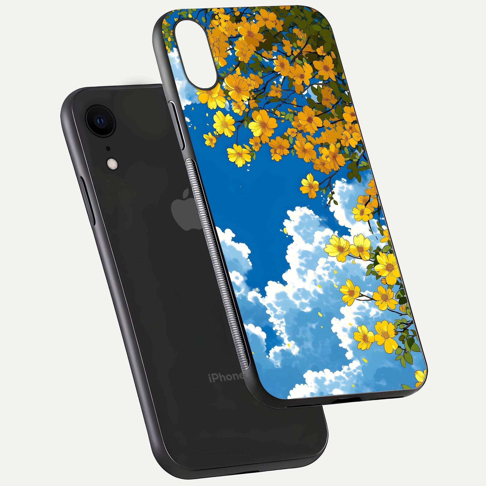 Golden Petal Sky Glass Case for iPhone Xr floating dual-view mockup showing gloss brilliance and gold detail