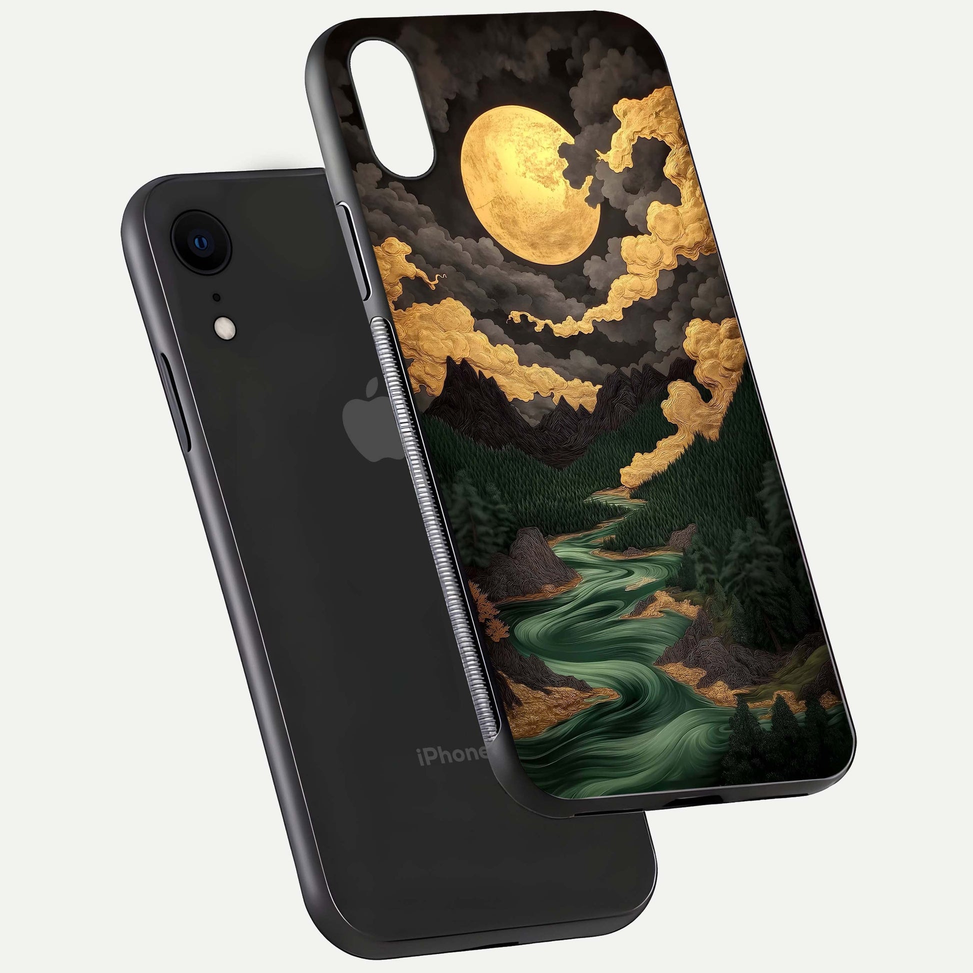 Golden River Moon Glass Case for iPhone Xr floating dual-view mockup showing gloss surface and luxury tone