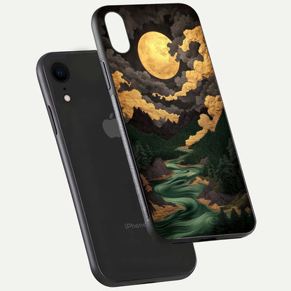 Golden River Moon Glass Case for iPhone Xr floating dual-view mockup showing gloss surface and luxury tone