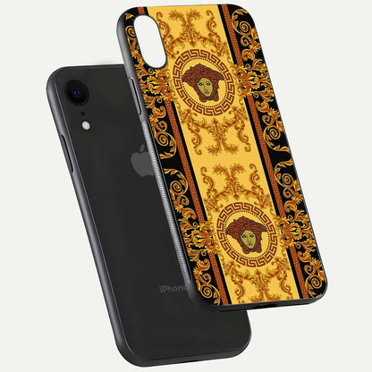 Golden Royal Heritage Glass Case for iPhone Xr floating dual-view mockup showing glossy surface and rich regal tone