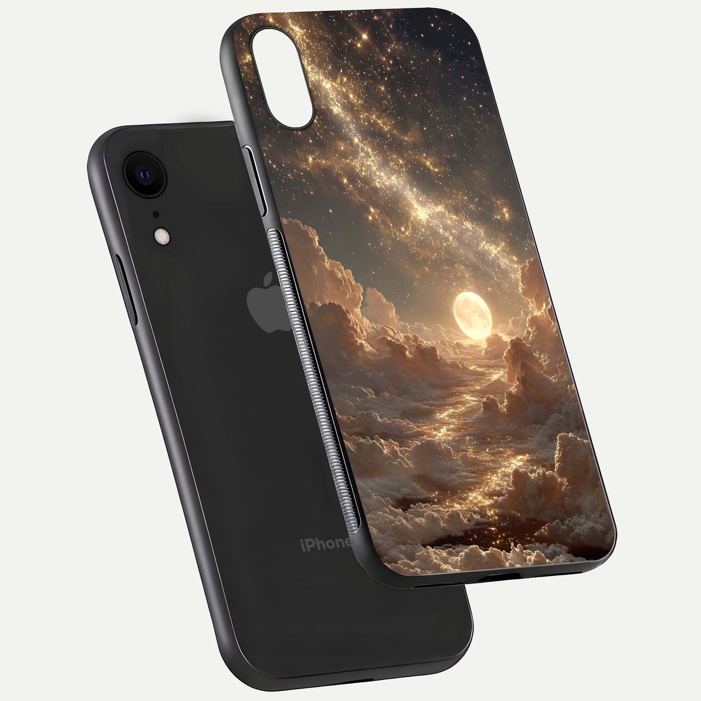 Golden Sky Dream Glass Case for iPhone Xr floating dual-view mockup showing gloss depth and elegant finish