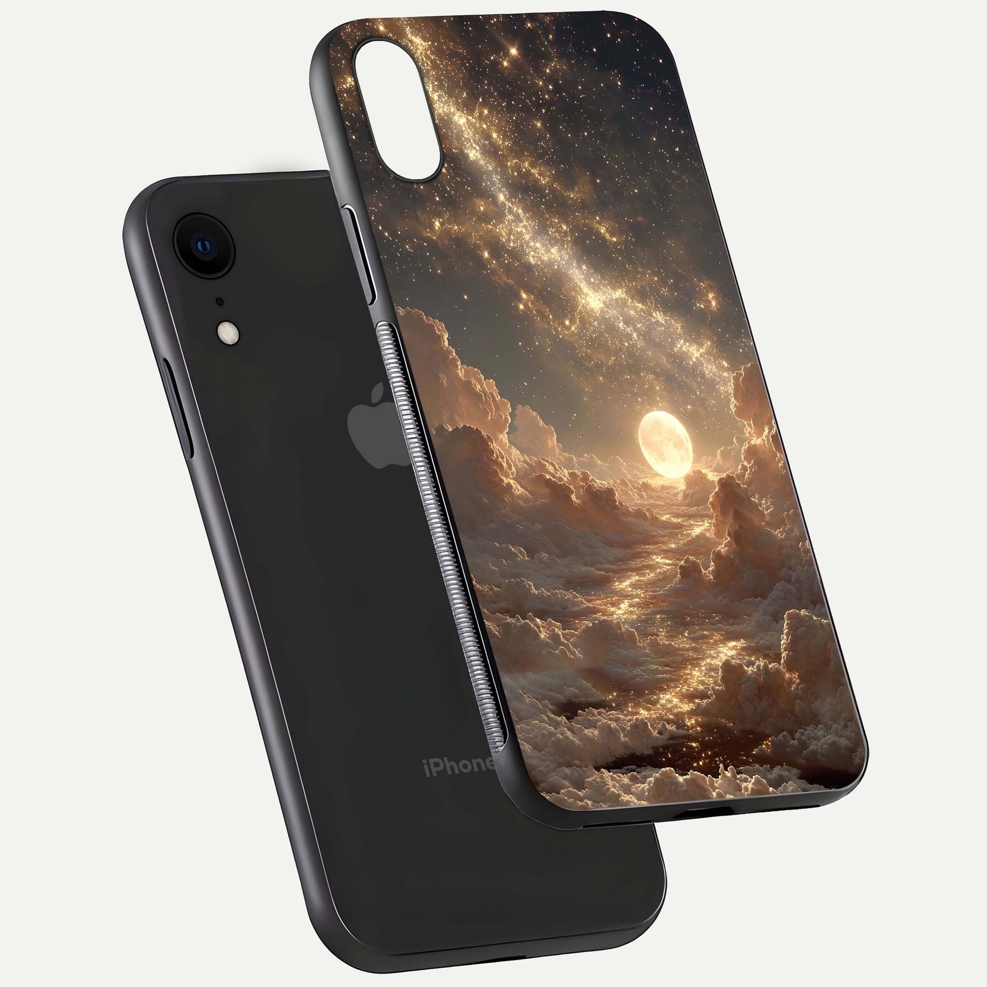 Golden Sky Dream Glass Case for iPhone Xr floating dual-view mockup showing gloss depth and elegant finish