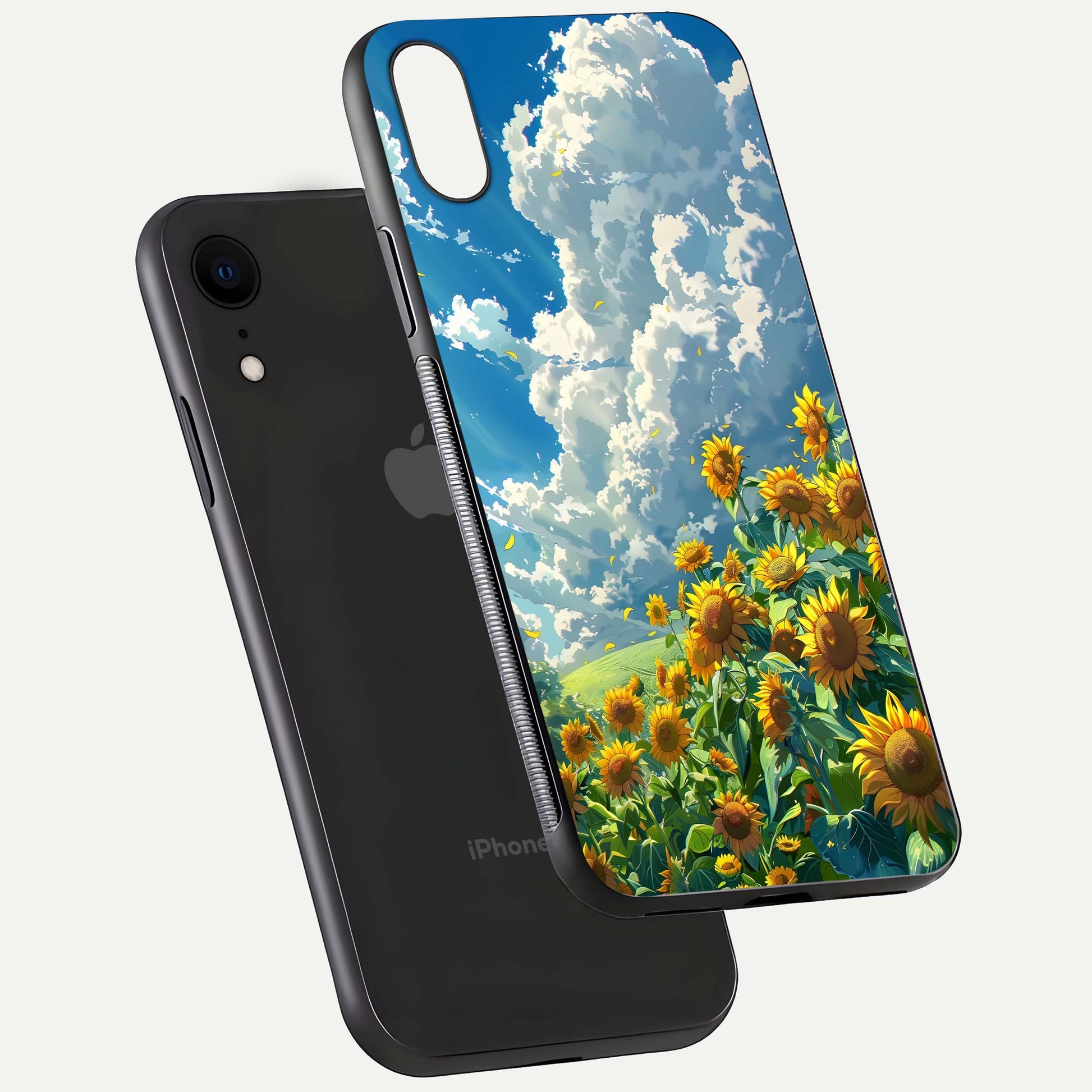 Golden Sun Glory Glass Case for iPhone Xr floating dual-view mockup showing gloss shine and premium surface