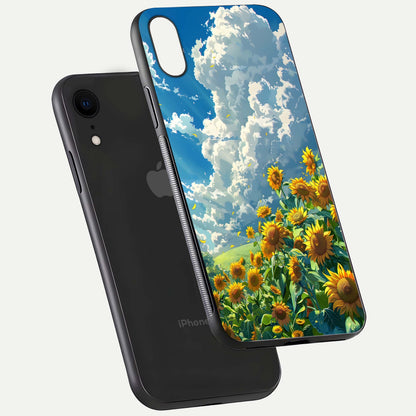 Golden Sun Glory Glass Case for iPhone Xr floating dual-view mockup showing gloss shine and premium surface