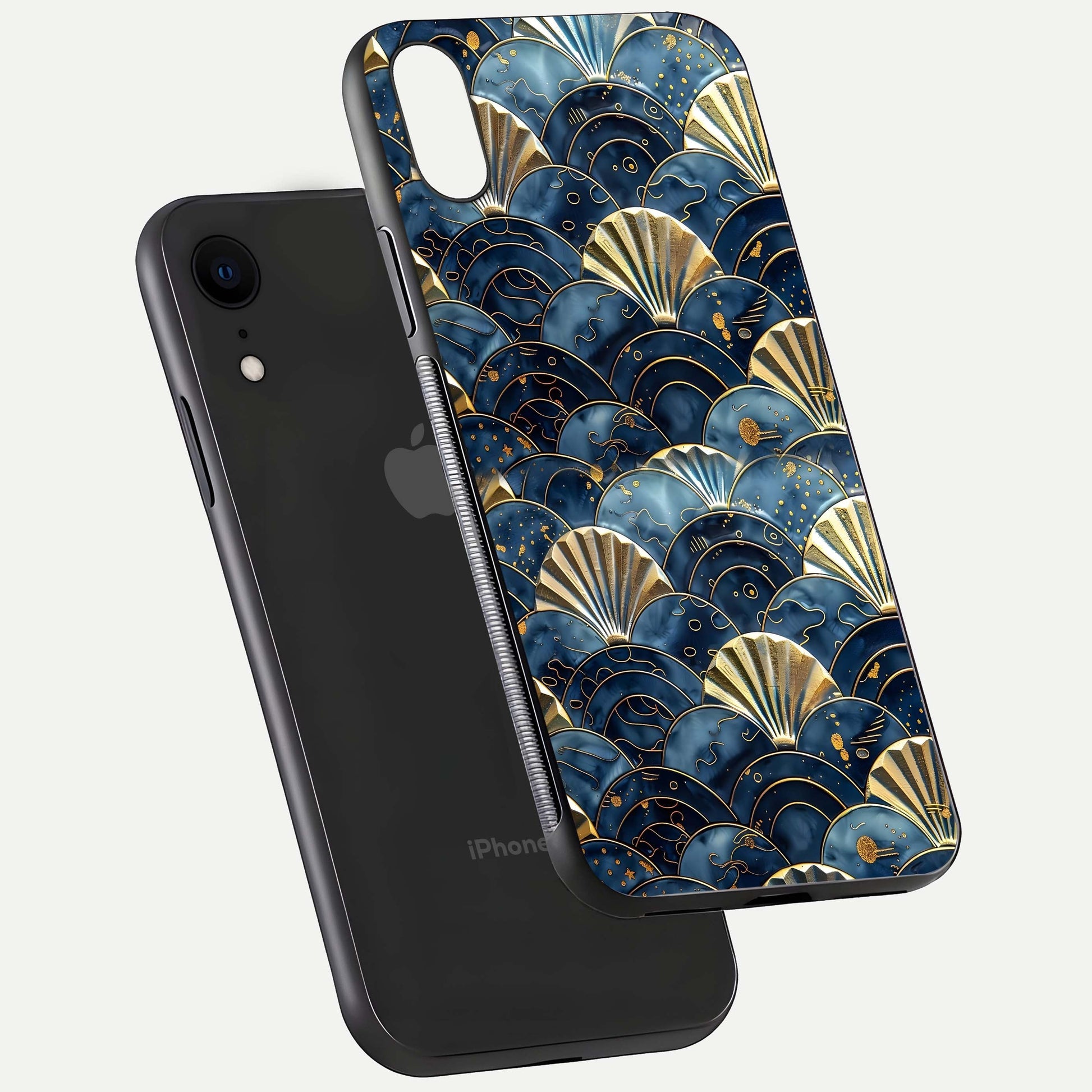 Golden Wave Luxe Glass Case for iPhone Xr floating dual-view mockup showing gloss surface and shimmering tones