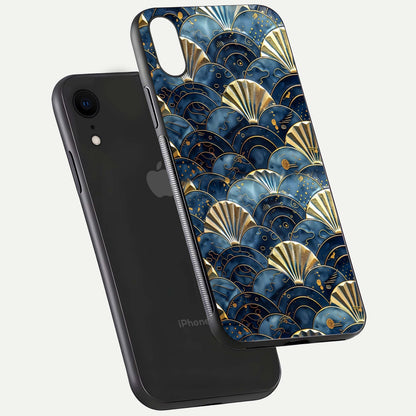 Golden Wave Luxe Glass Case for iPhone Xr floating dual-view mockup showing gloss surface and shimmering tones