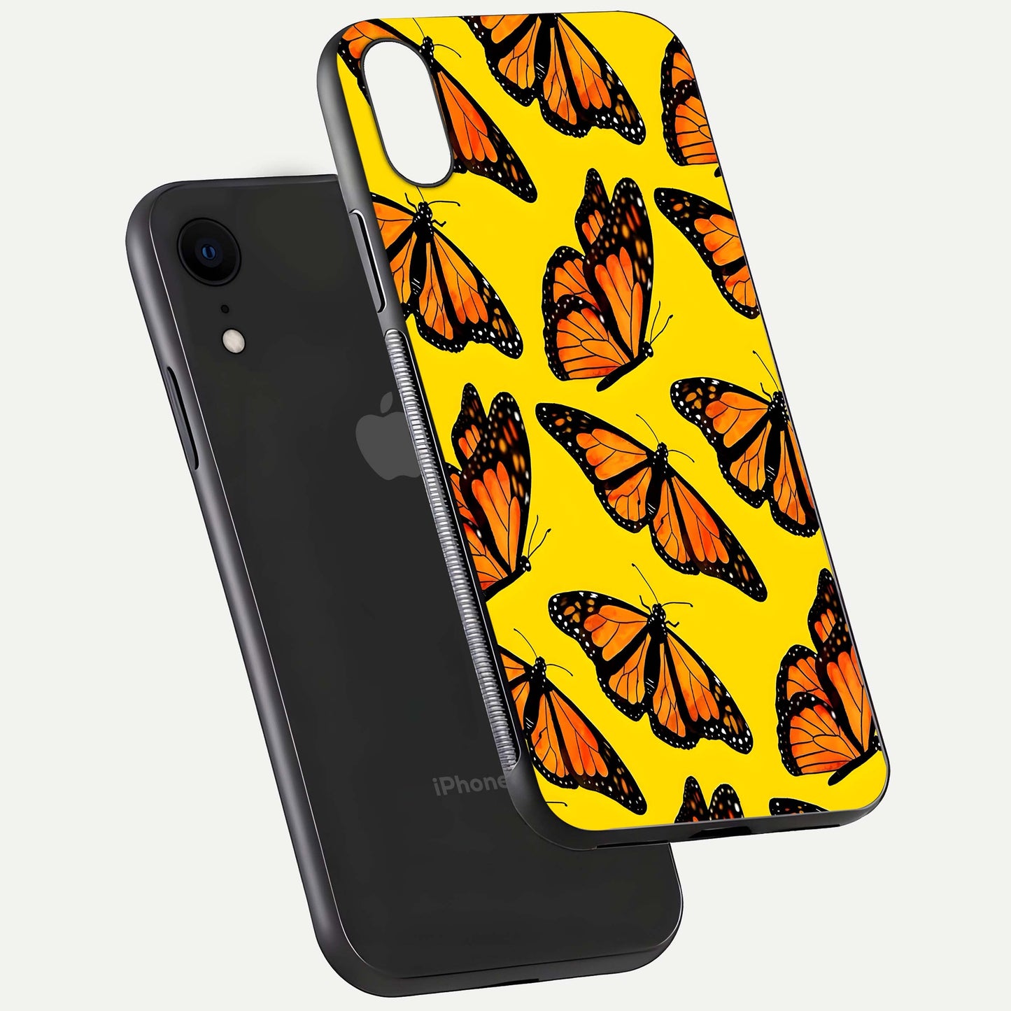 Golden Wing Flight Glass Case for iPhone Xr floating dual-view mockup showing gloss reflection and luxury tone