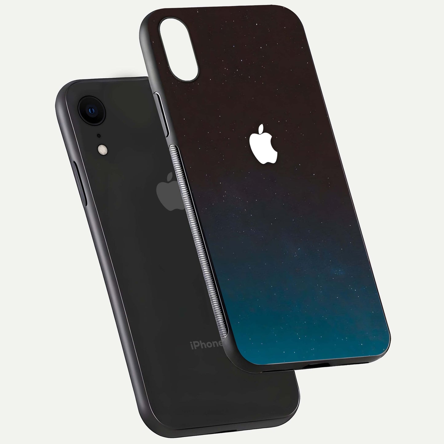 Green Emerald Apple Logo Glass Case for iPhone Xr floating dual-view mockup showing glossy shine and premium color tone