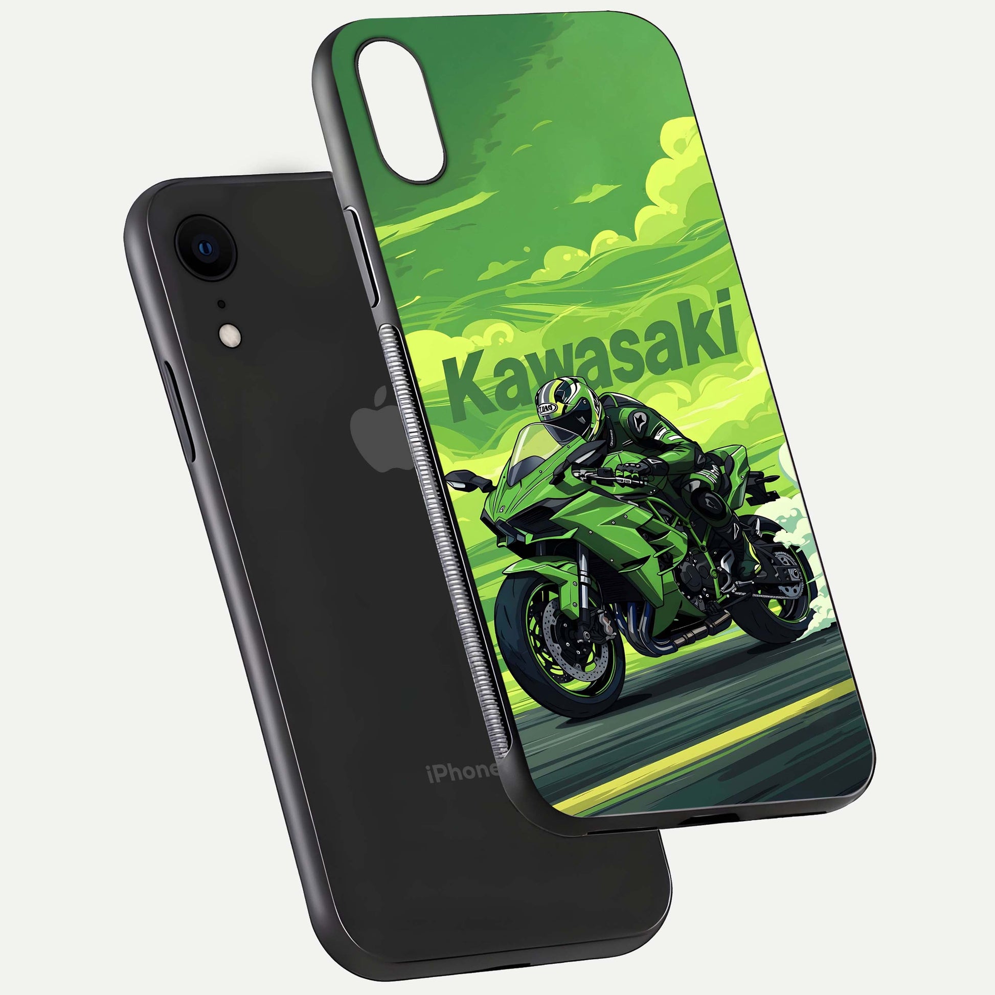 Green Kawasaki Glass Case for iPhone Xr floating dual-view mockup showing gloss surface and power-bike theme