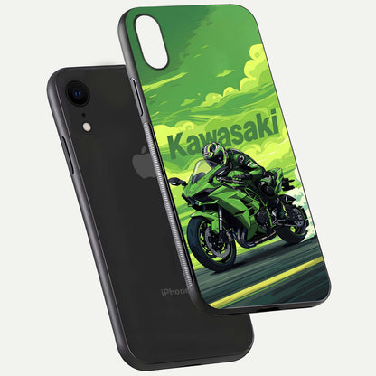 Green Kawasaki Glass Case for iPhone Xr floating dual-view mockup showing gloss surface and power-bike theme