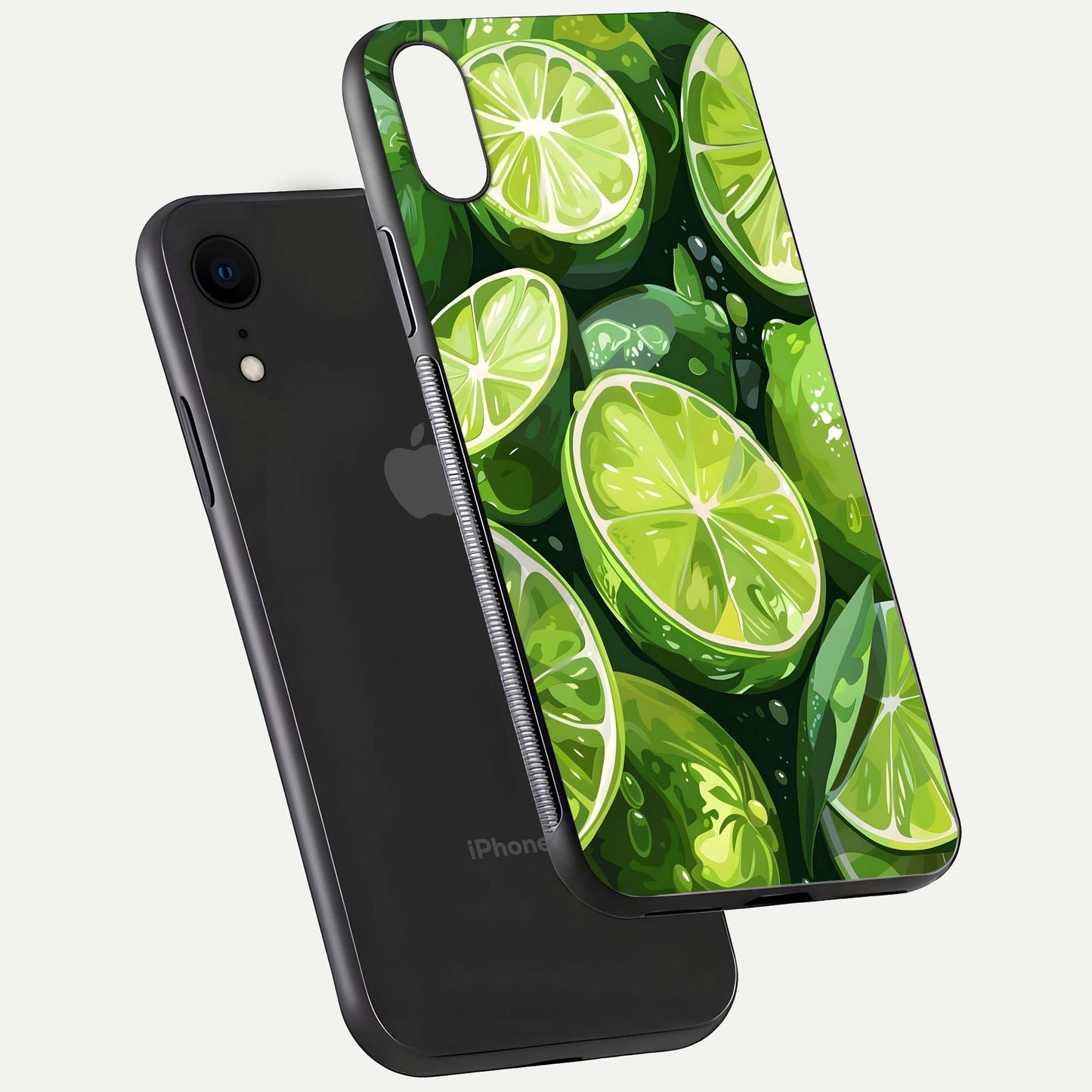 Green Lemon Glass Case for iPhone Xr floating dual-view mockup showing glossy surface and fruity freshness