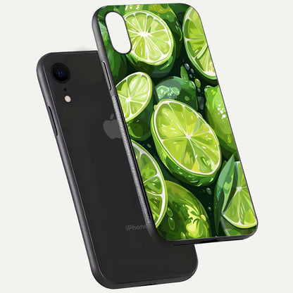 Green Lemon Glass Case for iPhone Xr floating dual-view mockup showing glossy surface and fruity freshness