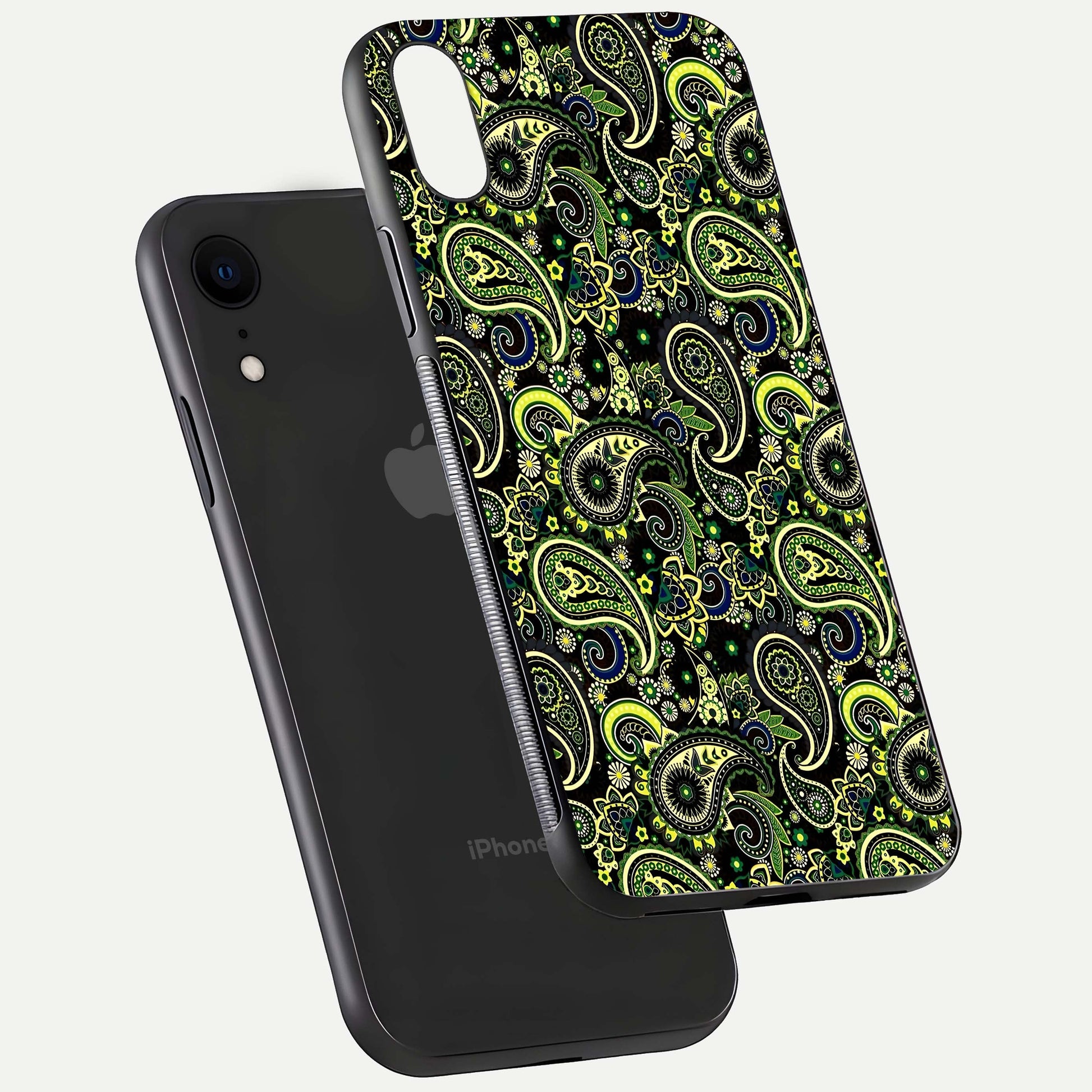 Green Mandala Pattern Glass Case for iPhone Xr floating dual-view mockup showing gloss texture and symmetry shine