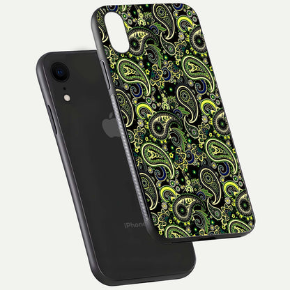 Green Mandala Pattern Glass Case for iPhone Xr floating dual-view mockup showing gloss texture and symmetry shine