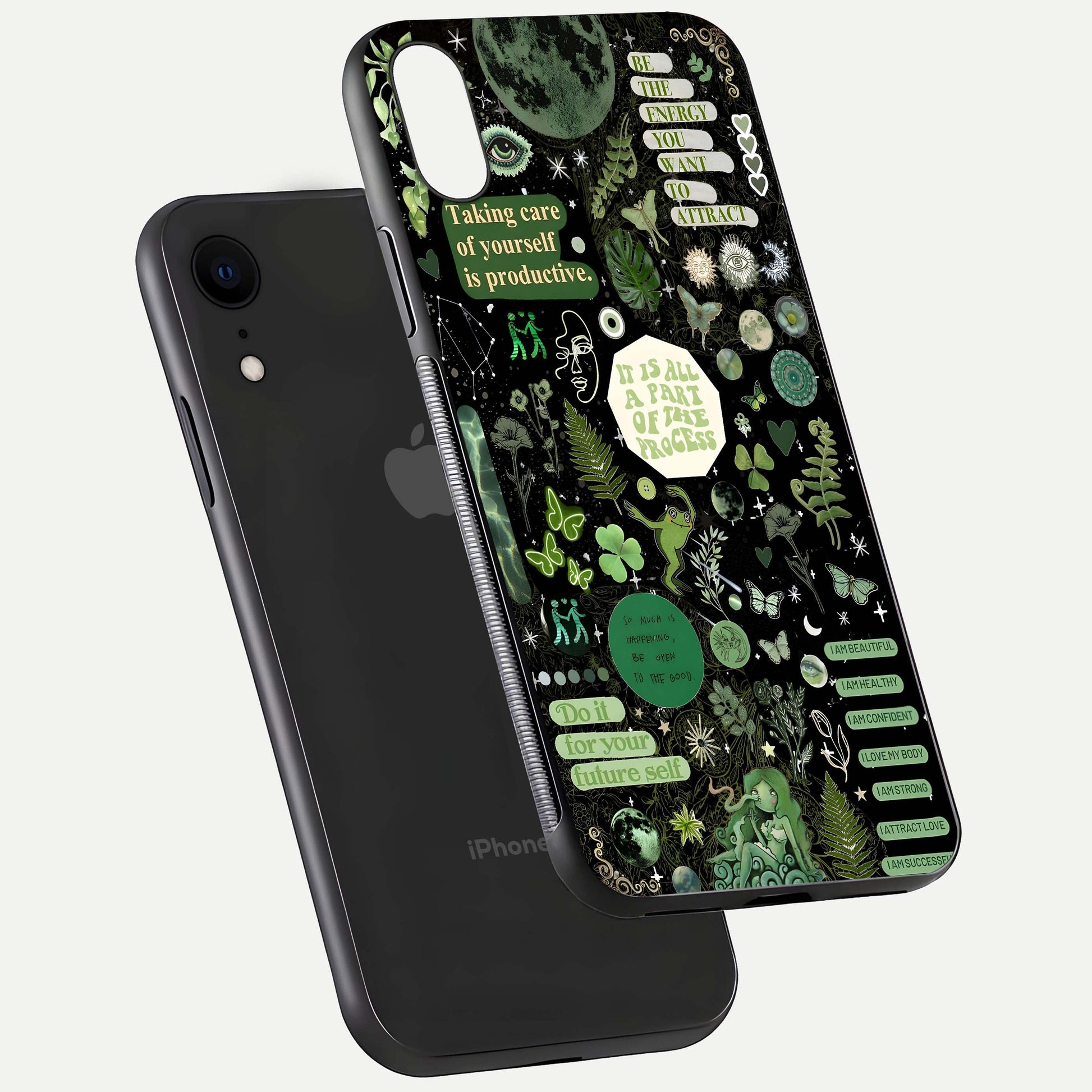 Green Moon Energy Glass Case for iPhone Xr floating dual-view mockup showing glossy texture and energy aura