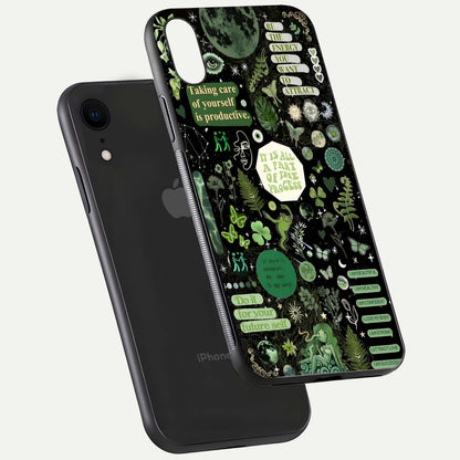 Green Moon Energy Glass Case for iPhone Xr floating dual-view mockup showing glossy texture and energy aura