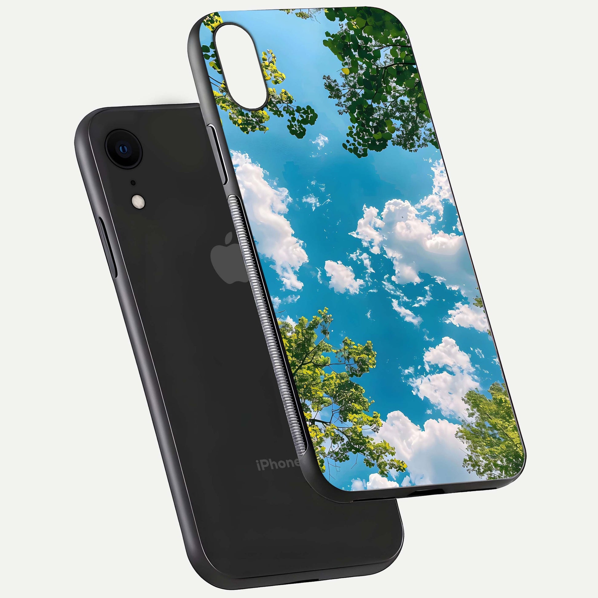 Greenery Sky Glass Case for iPhone Xr floating dual-view mockup showing glossy shine and soft natural tones