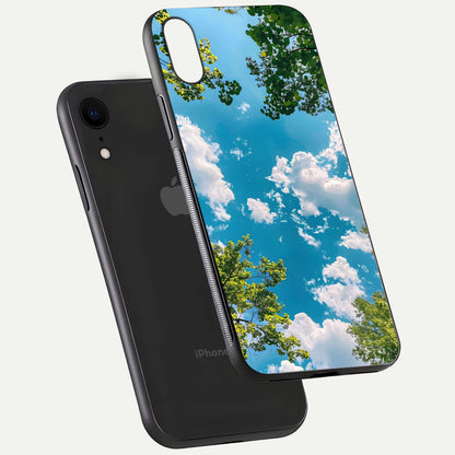 Greenery Sky Glass Case for iPhone Xr floating dual-view mockup showing glossy shine and soft natural tones