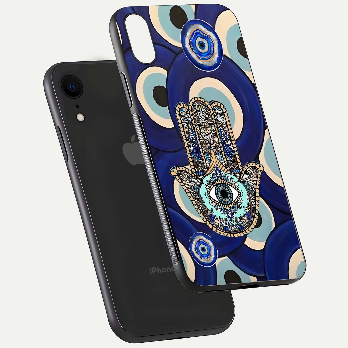 Hamsa Divine Guard Glass Case for iPhone Xr floating dual-view mockup showing gloss shine and mystical pattern