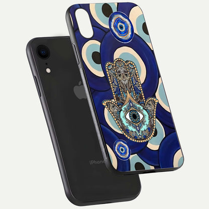 Hamsa Divine Guard Glass Case for iPhone Xr floating dual-view mockup showing gloss shine and mystical pattern