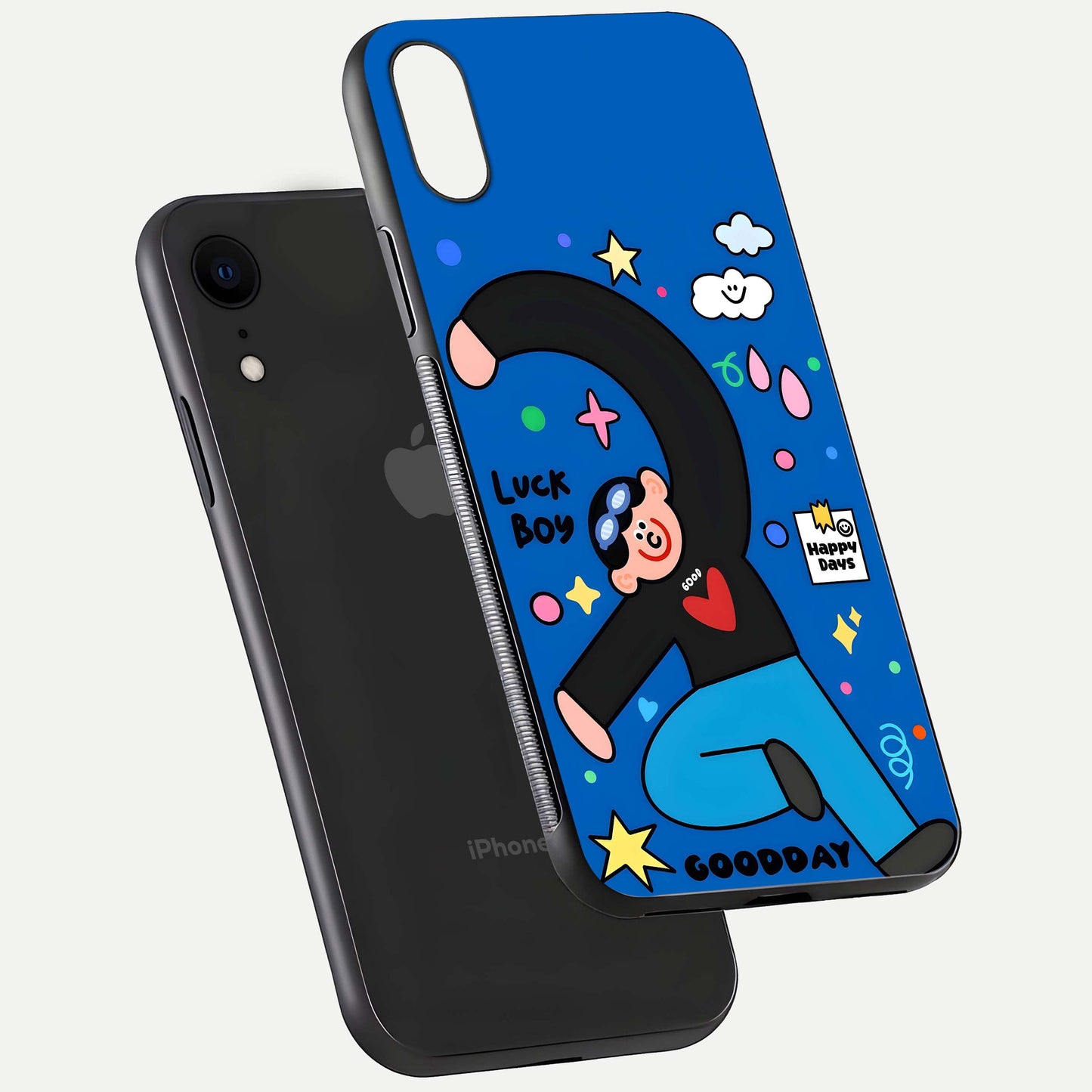 Happy Luck Vibe Glass Case for iPhone Xr floating dual-view mockup showing glossy tone and bright finish
