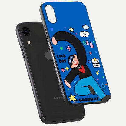Happy Luck Vibe Glass Case for iPhone Xr floating dual-view mockup showing glossy tone and bright finish